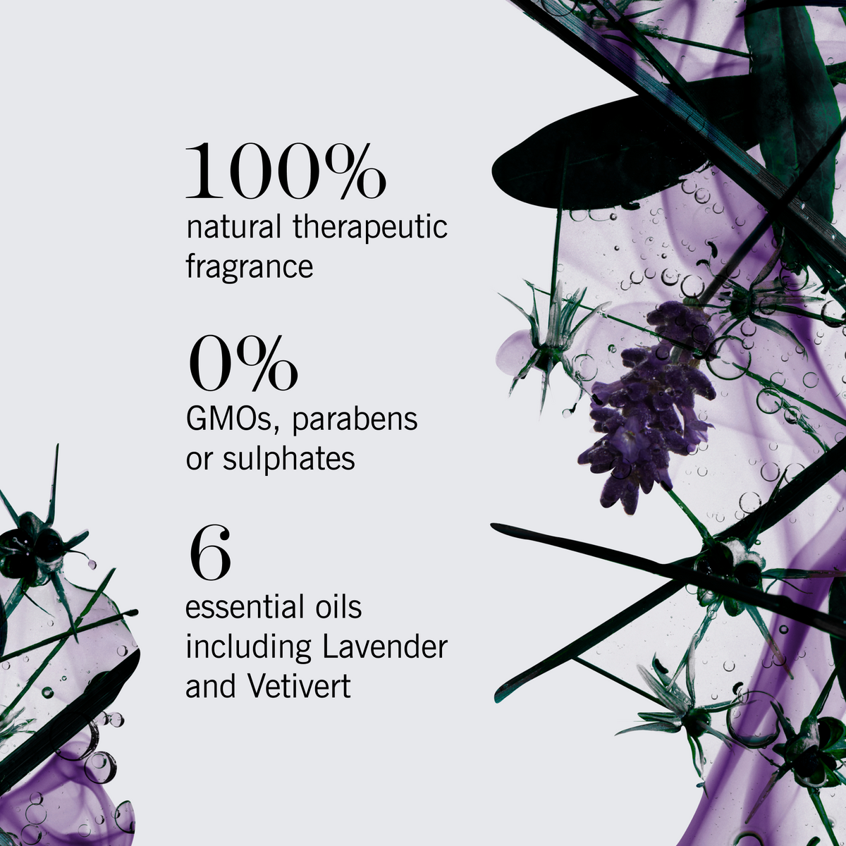 Promotional graphic for a fragrance with text reading '100% natural therapeutic fragrance', '0% GMOs, parabens or sulphates', and '6 essential oils including Lavender and Vetivert', set against a white background with purple botanical illustrations.