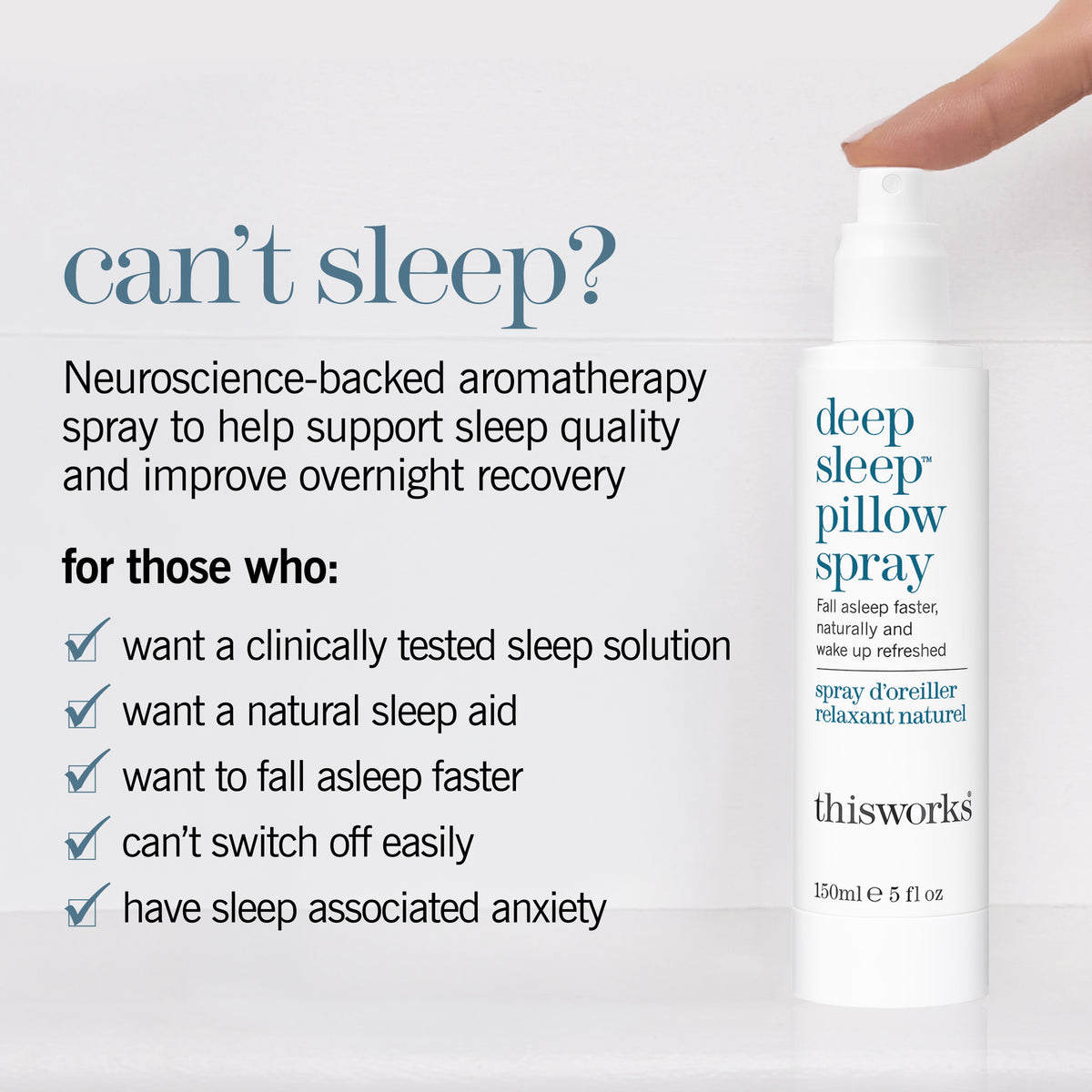 This Works Deep Sleep Pillow Spray bottle, 150ml, with headline 'Can't sleep?' and product benefits listed.