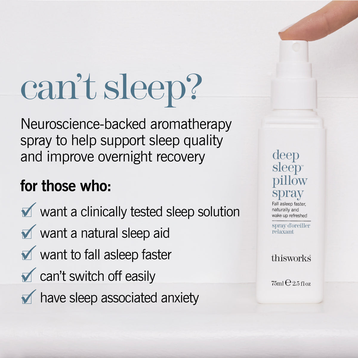 This Works Deep Sleep Pillow Spray bottle, 75ml, with headline 'Can't sleep?' and product benefits listed.