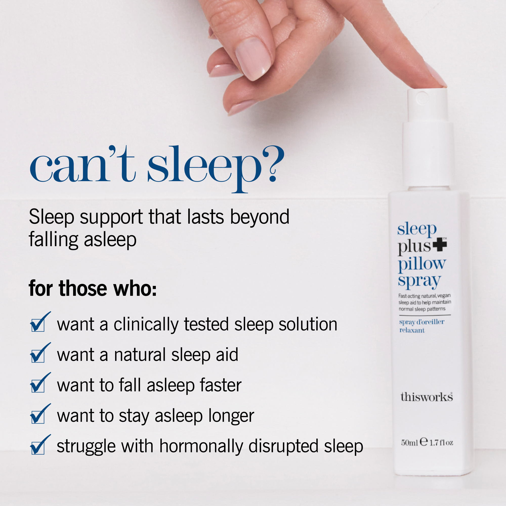 A hand with manicured nails points toward a white bottle of thisworks Sleep Plus Pillow Spray on a light background, next to marketing text that reads 'can't sleep?' and lists benefits for those who struggle with sleep.